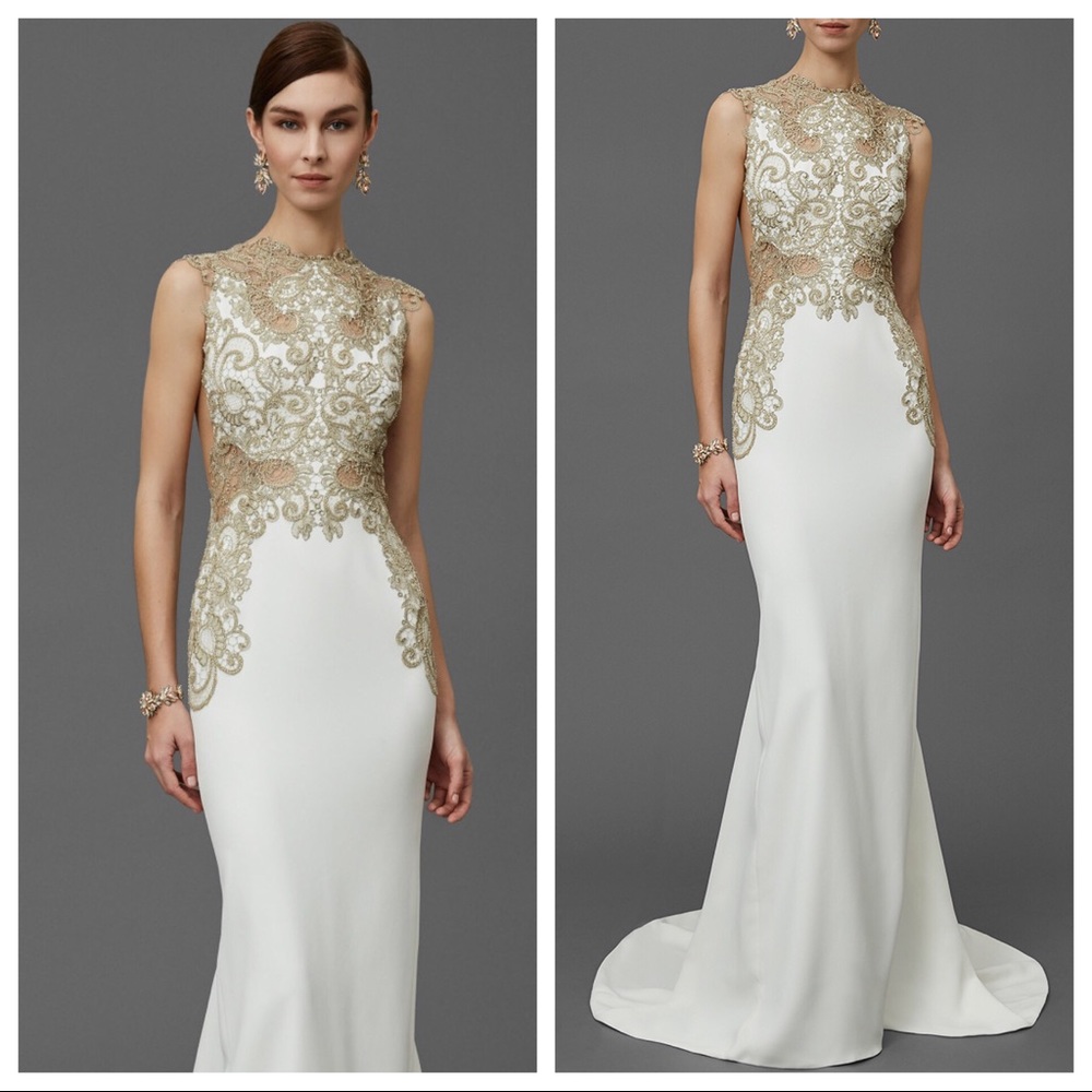 { Marchesa } Crepe A Line Gown Gold Beading & Lace - Picture 1 of 4